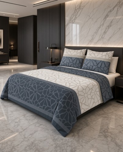 Pościel flanelowa biało szara z granatowym wzorem – komplet 160x200 cm
