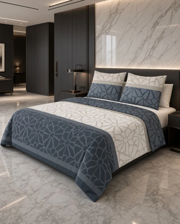 Pościel flanelowa biało szara z granatowym wzorem – komplet 160x200 cm
