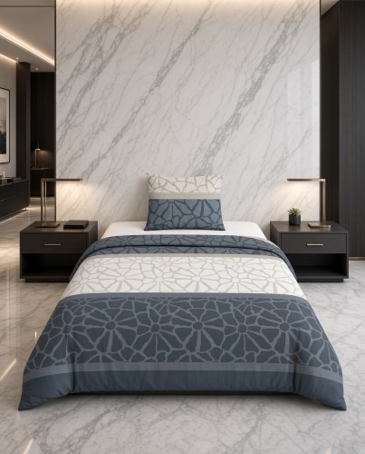 Pościel flanelowa biało szara z granatowym wzorem – komplet 140x200 cm