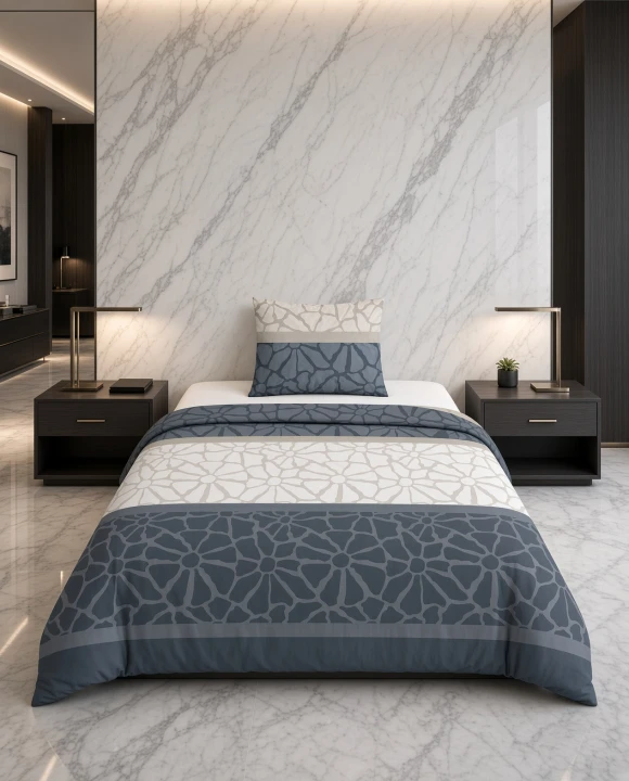 Pościel flanelowa biało szara z granatowym wzorem – komplet 140x200 cm