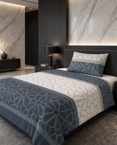 Pościel flanelowa biało szara z granatowym wzorem – komplet 140x200 cm