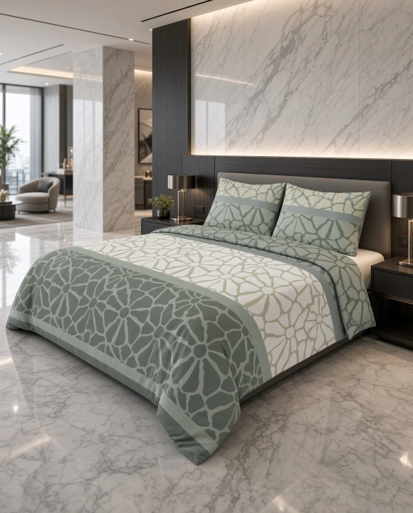 Pościel flanelowa biało szara w szałwiowo zielony wzór – komplet 160x200 cm