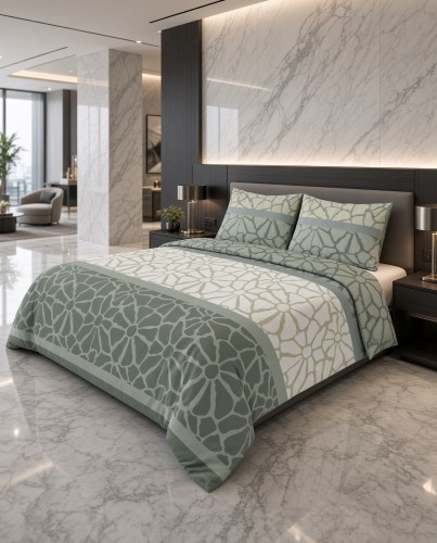 Pościel flanelowa biało szara w szałwiowo zielony wzór – komplet 200x220 cm