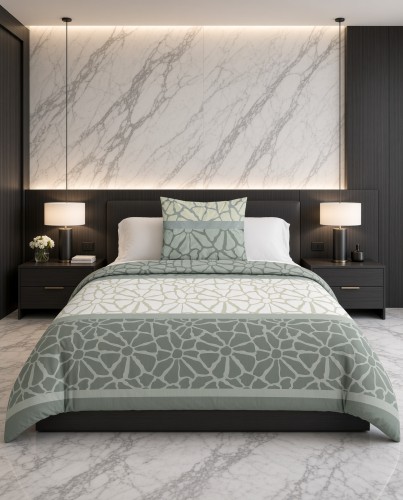 Pościel flanelowa biało szara w szałwiowo zielony wzór – komplet 140x200 cm