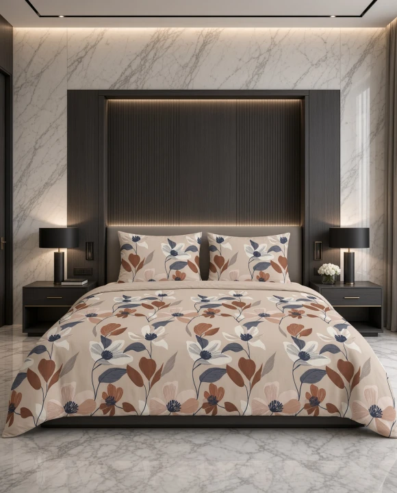 Pościel flanelowa beżowo kremowa w botaniczny wzór terakota – komplet 160x200 cm