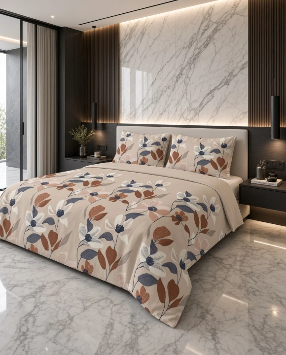 Pościel flanelowa beżowo kremowa w botaniczny wzór terakota – komplet 160x200 cm
