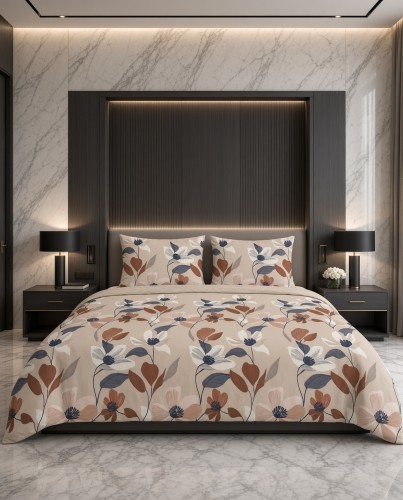 Pościel flanelowa beżowo kremowa w botaniczny wzór terakota – komplet 200x220 cm