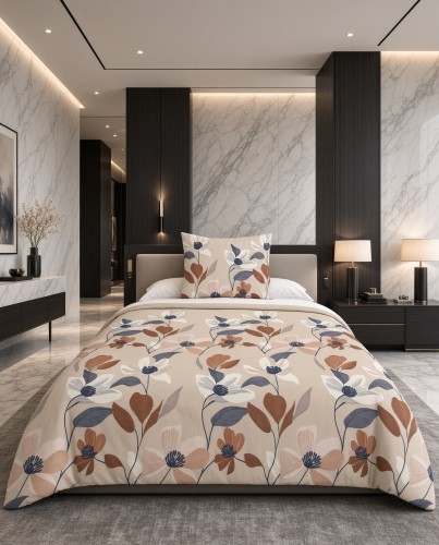Pościel flanelowa beżowo kremowa w botaniczny wzór terakota – komplet 140x200 cm