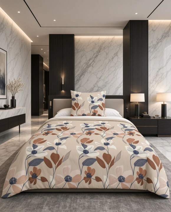 Pościel flanelowa beżowo kremowa w botaniczny wzór terakota – komplet 140x200 cm