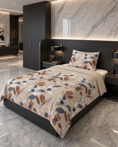 Pościel flanelowa beżowo kremowa w botaniczny wzór terakota – komplet 140x200 cm