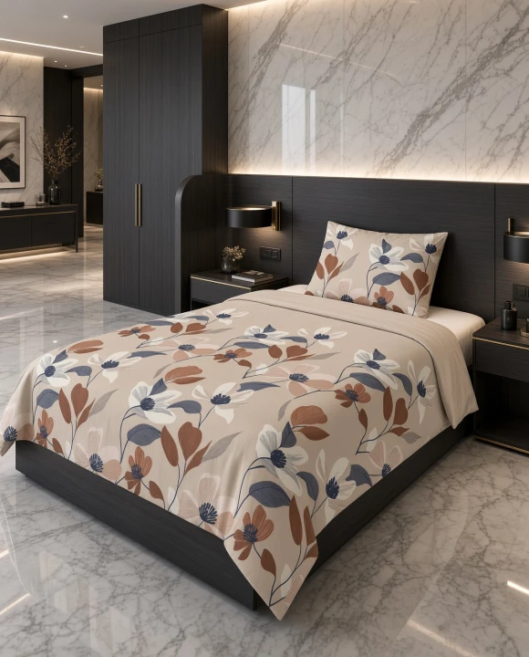 Pościel flanelowa beżowo kremowa w botaniczny wzór terakota – komplet 140x200 cm
