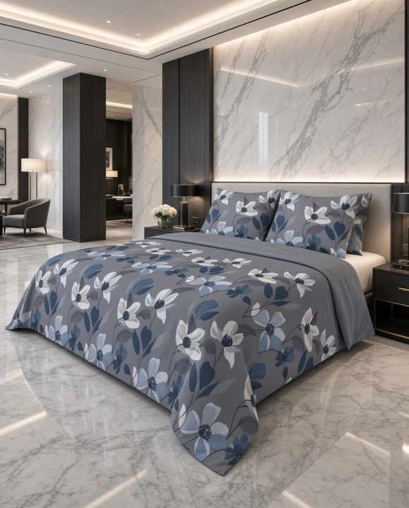 Pościel flanelowa szara w granatowo biały wzór kwiatowy – komplet 160x200 cm