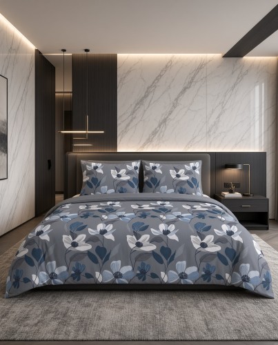 Pościel flanelowa szara w granatowo biały wzór kwiatowy – komplet 200x220 cm
