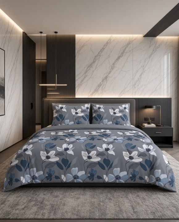 Pościel flanelowa szara w granatowo biały wzór kwiatowy – komplet 200x220 cm