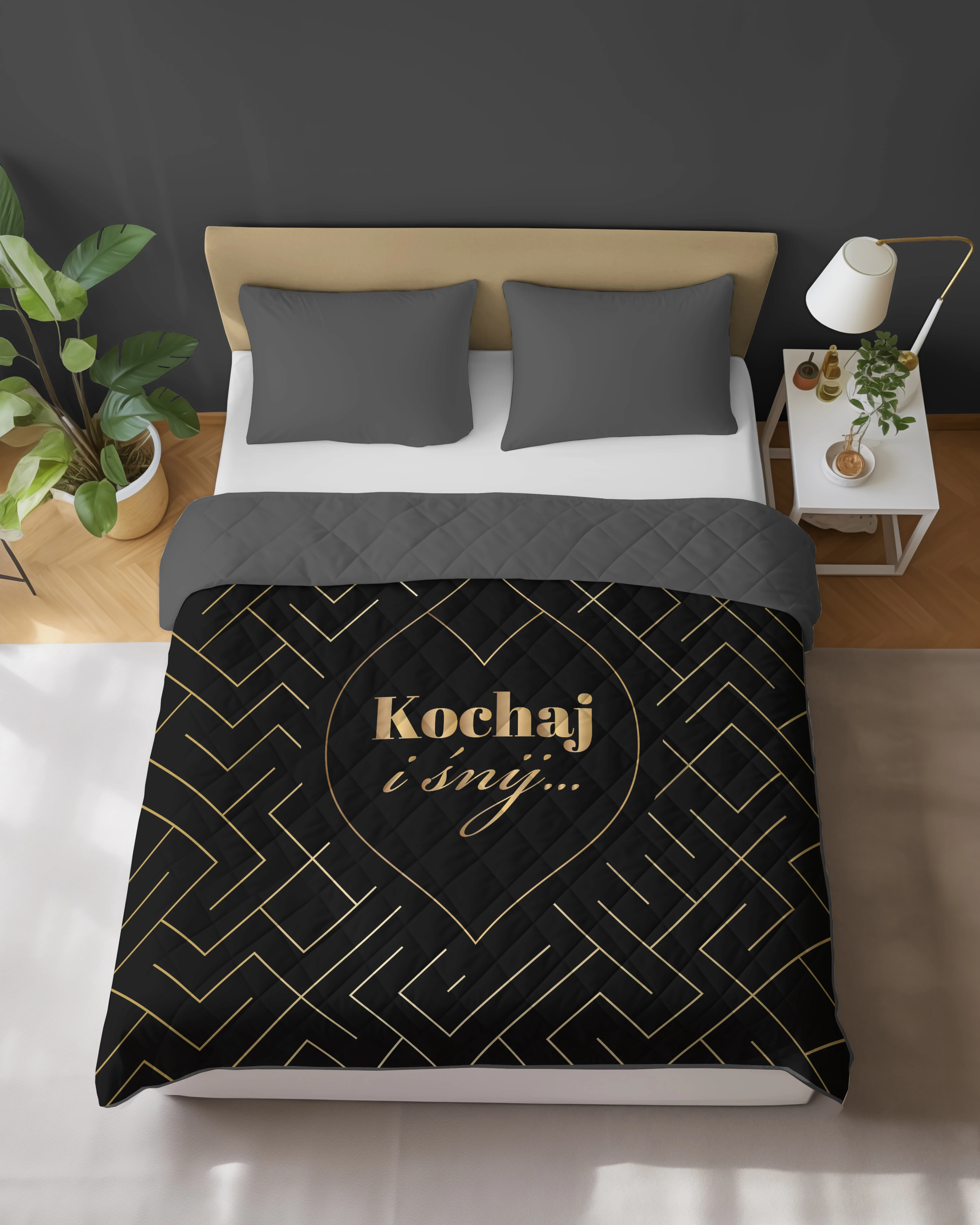 Narzuta Pikowana Dwustronna 170 x 210 cm. Czarny Złoty Szary Kochaj i Śnij NR-K113 Narzuta Pikowana Dwustronna 170 x 210 cm. Czarny Złoty Szary Kochaj i Śnij NR-K113